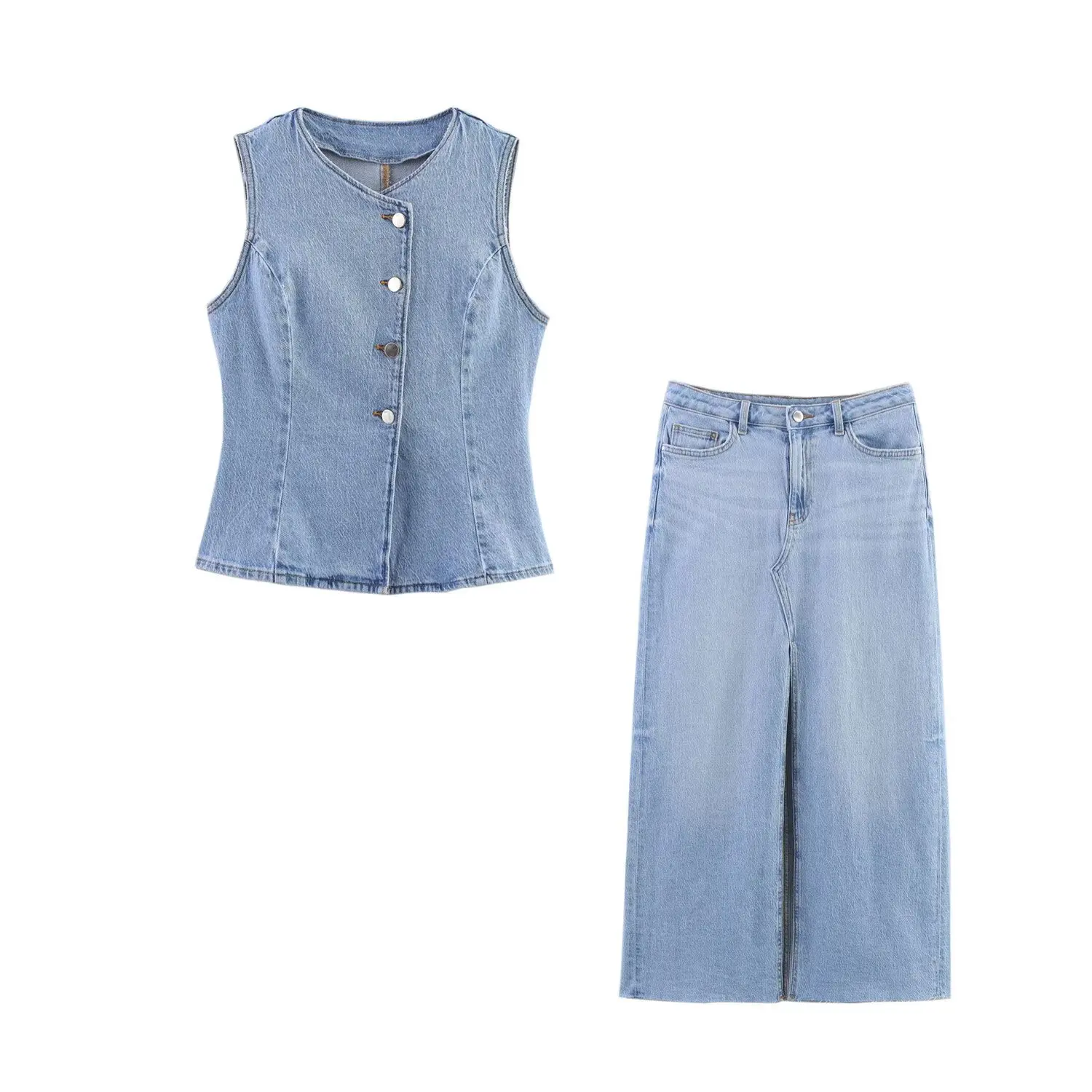 

ZBZR Spring New Women's Faionable Denim Vest Skirt Set ort Sve round Ne Button Long Pants Polyester Fiber
