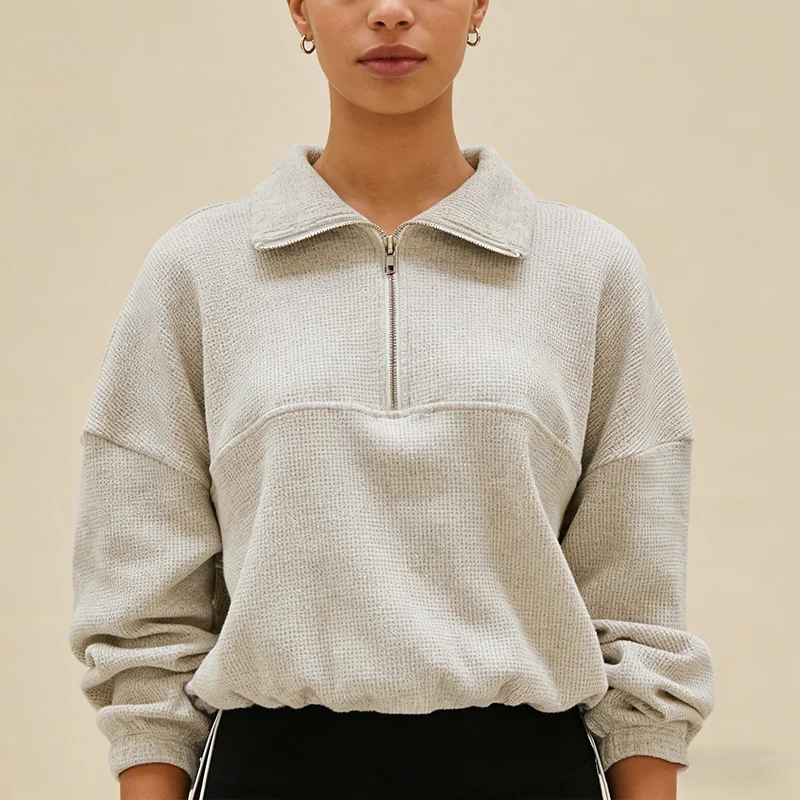 

Женская хлопковая толстовка на осень-зиму, вафельная, однотонная, с отложным воротником, длинными рукавами, на молнии до середины груди, повседневный топ, спортивная кофта на шнурке, пуловер