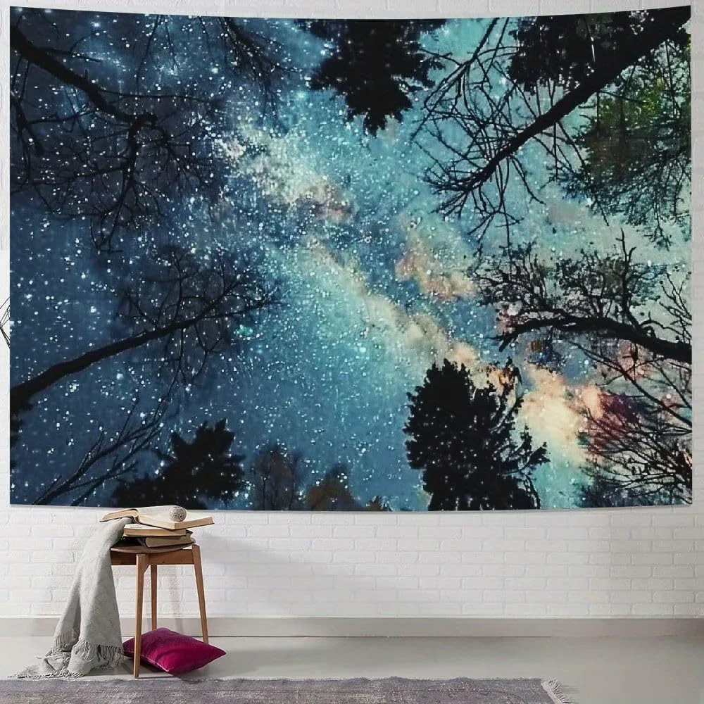 Galaxy Forest Starry Tapestry – Bohemian Wall Hanging with Vibrant Milky Way & Tree Silhouette, Cosmic Nature Decor for Bedroom