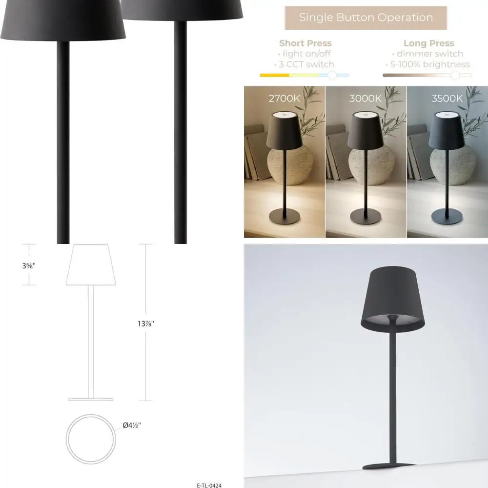 Lampe de bureau rechargeable Versa LED USB-C, batterie 5200 mAh, 3 modes de couleur, commande tactile, hauteur réglable, noir (paquet de 2)