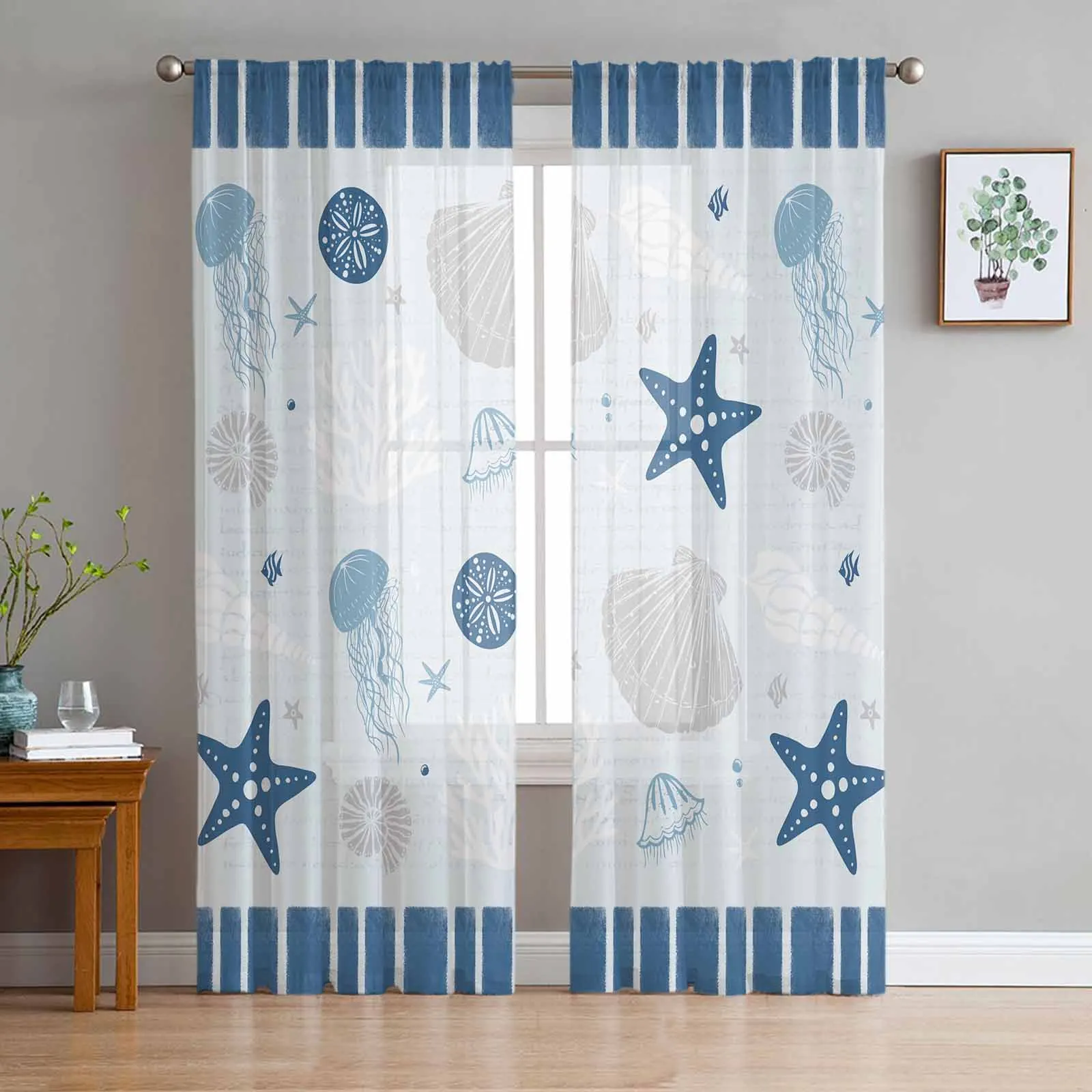 Ocean Striped Starfish Shell Jellyfish Coral Conch Blue Sheer Curtains Living Room Window Curtains Kitchen Tulle Voile Curtains