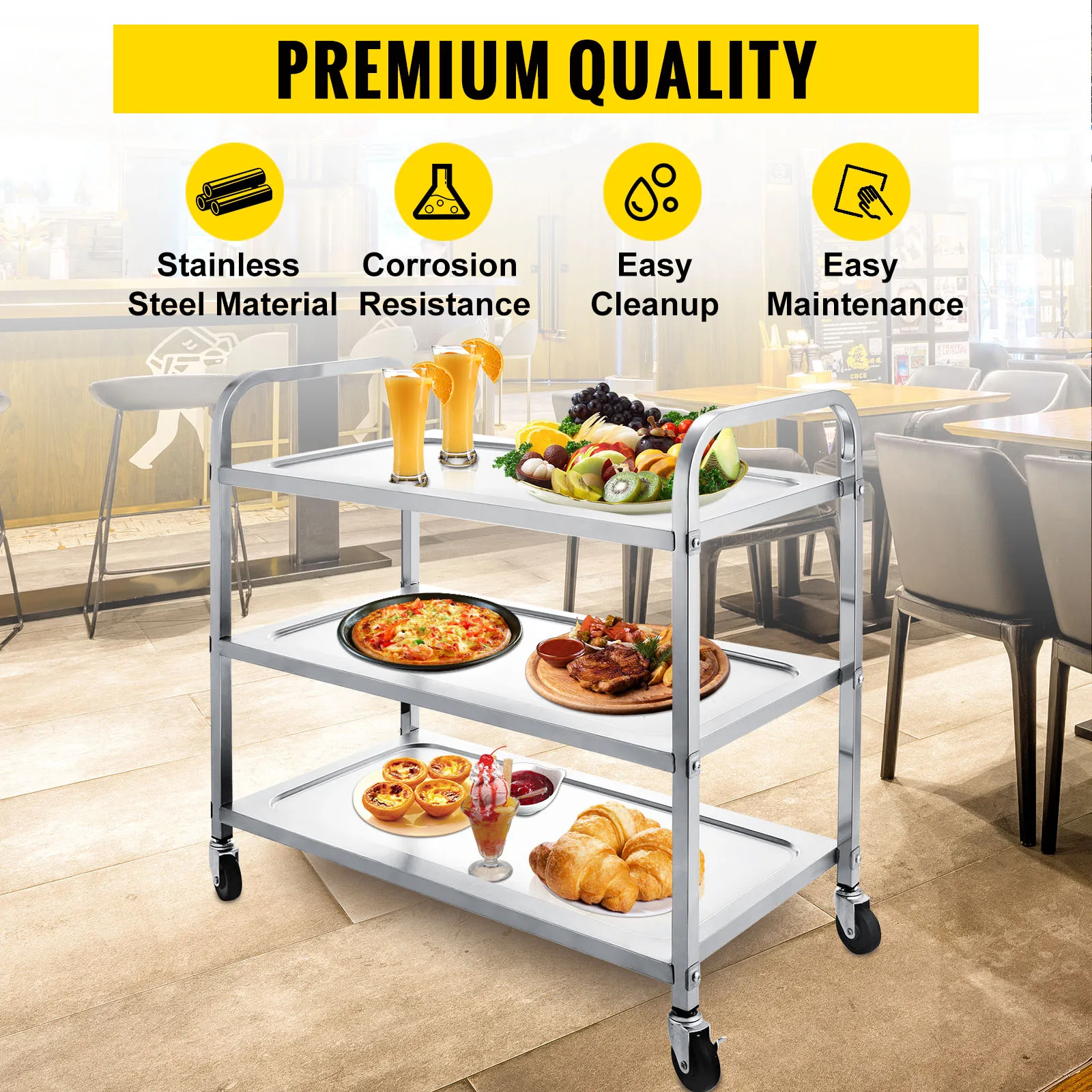 Carrello da cucina in acciaio inossidabile VEVOR carrello da 3 ripiani da 330 libbre carrello da cucina per aeroporti commerciali, hotel, ristoranti, club Catering alimentare