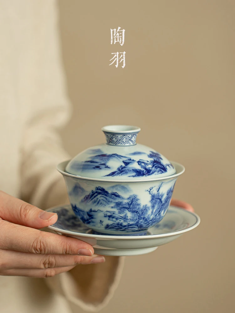 

Blue And Landscape Covered Bowl Large White Porcelain Master Cup, CeramiC Kung Fu Tea Set, Three TalenTs Brewing