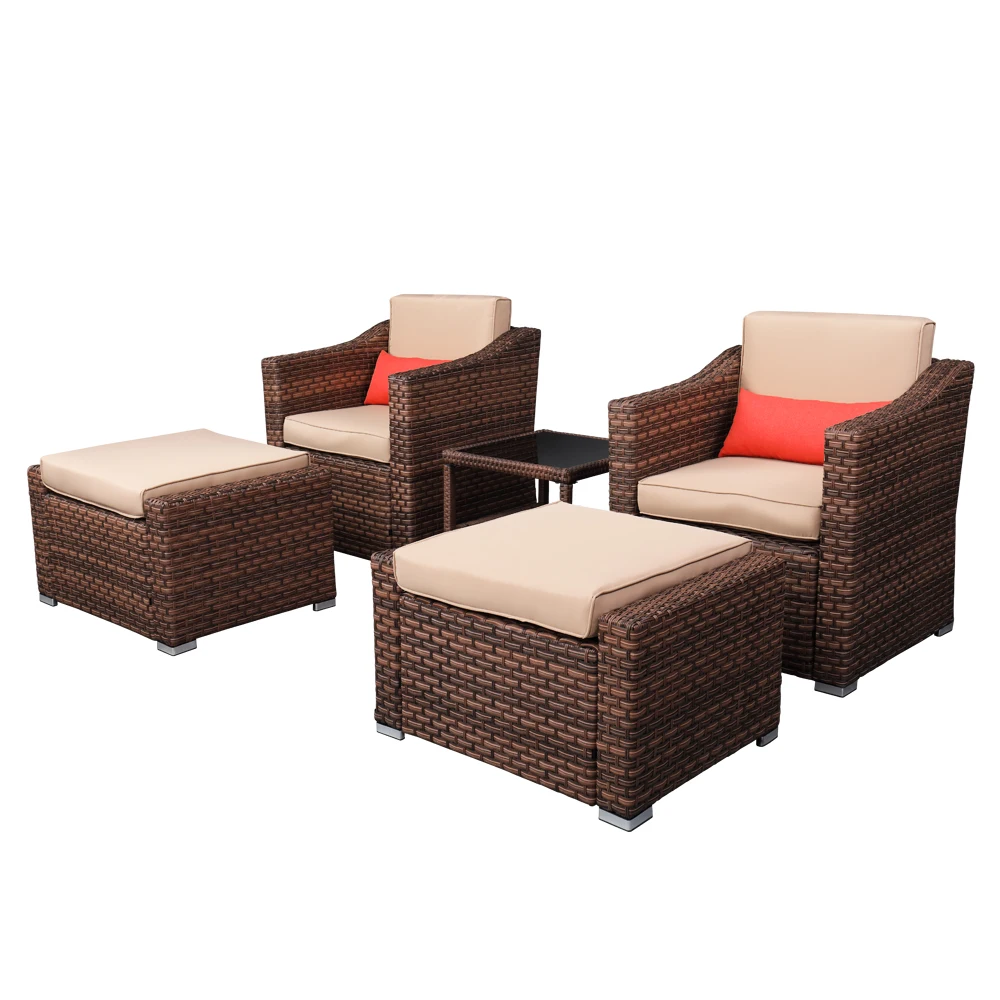 US Warehouse Wide Rattan Double Contiguous Rattan Five-Piece Suit 2 Single 2 Pedals 1 Double Coffee Table  Outdoor Furniture Set