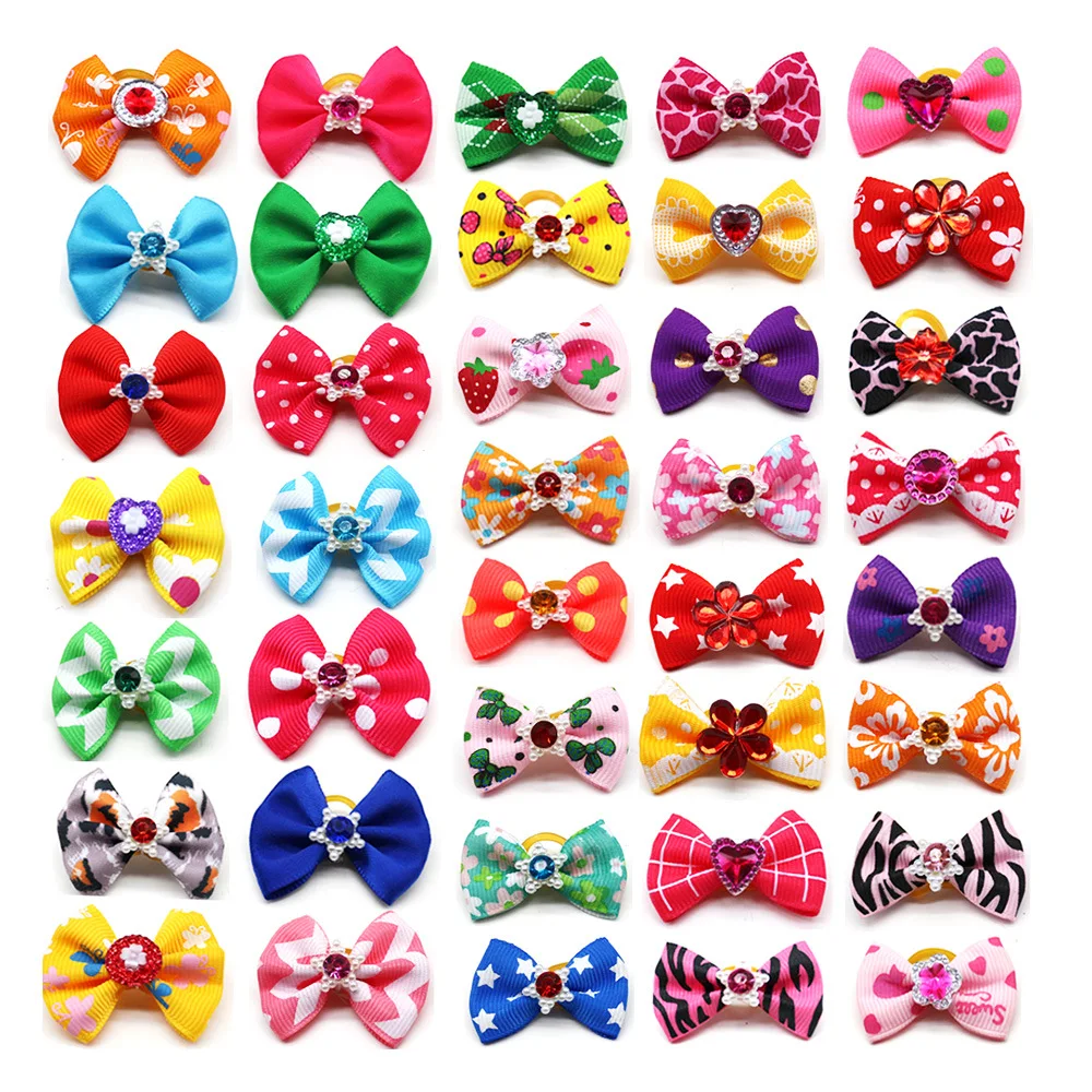 50/100pcs Dog Hair Bows Dog Bows with Diamond Colorful Grooming Rubber Band for Small Dog Pet Girls Grooming Hair Accessories