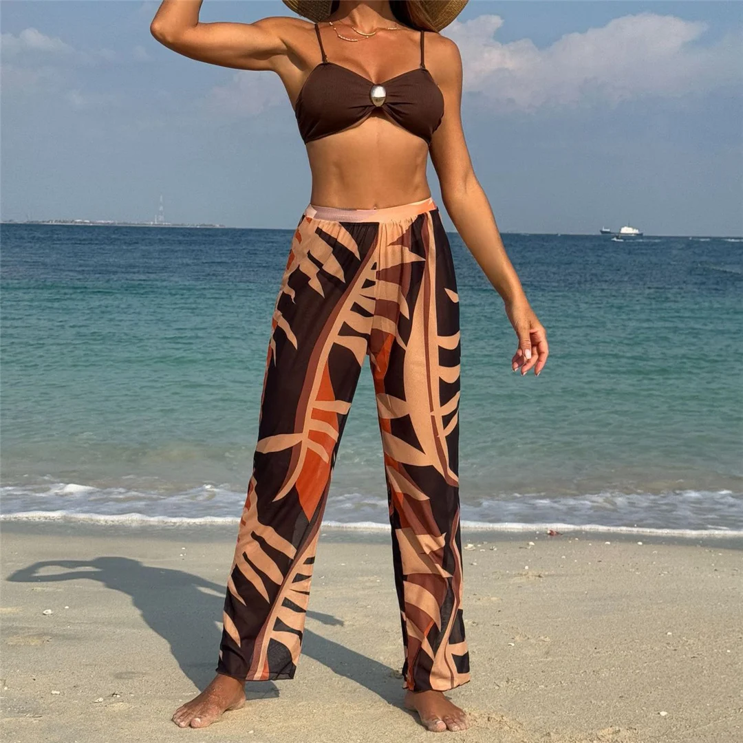 Mit bedruckten Hosen, Bikini, Damen-Badeanzug, dreiteiliges Bikini-Set, Damen-Badebekleidung, brasilianischer Badeanzug mit Polsterung, Badeanzug, Schwimmanzug V7083 – Detail 3