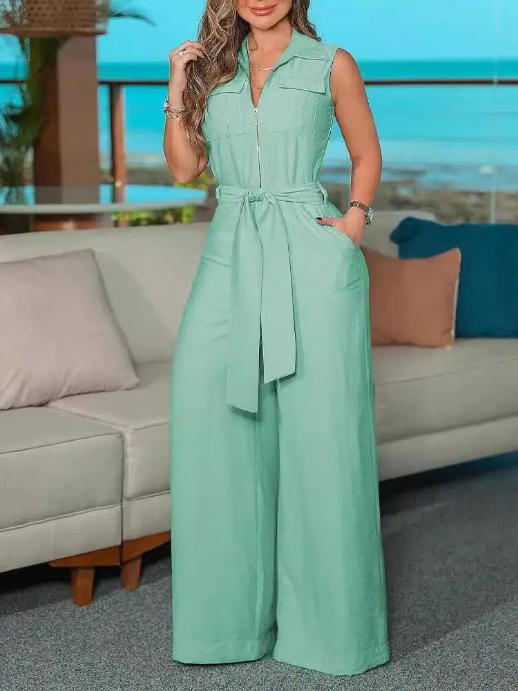 

Women's Wide Leg Shirt Collar Sveless Zipper Strap High Waist Long Pants Autumn Fashion Ladies' Ensemble No Brand Registered