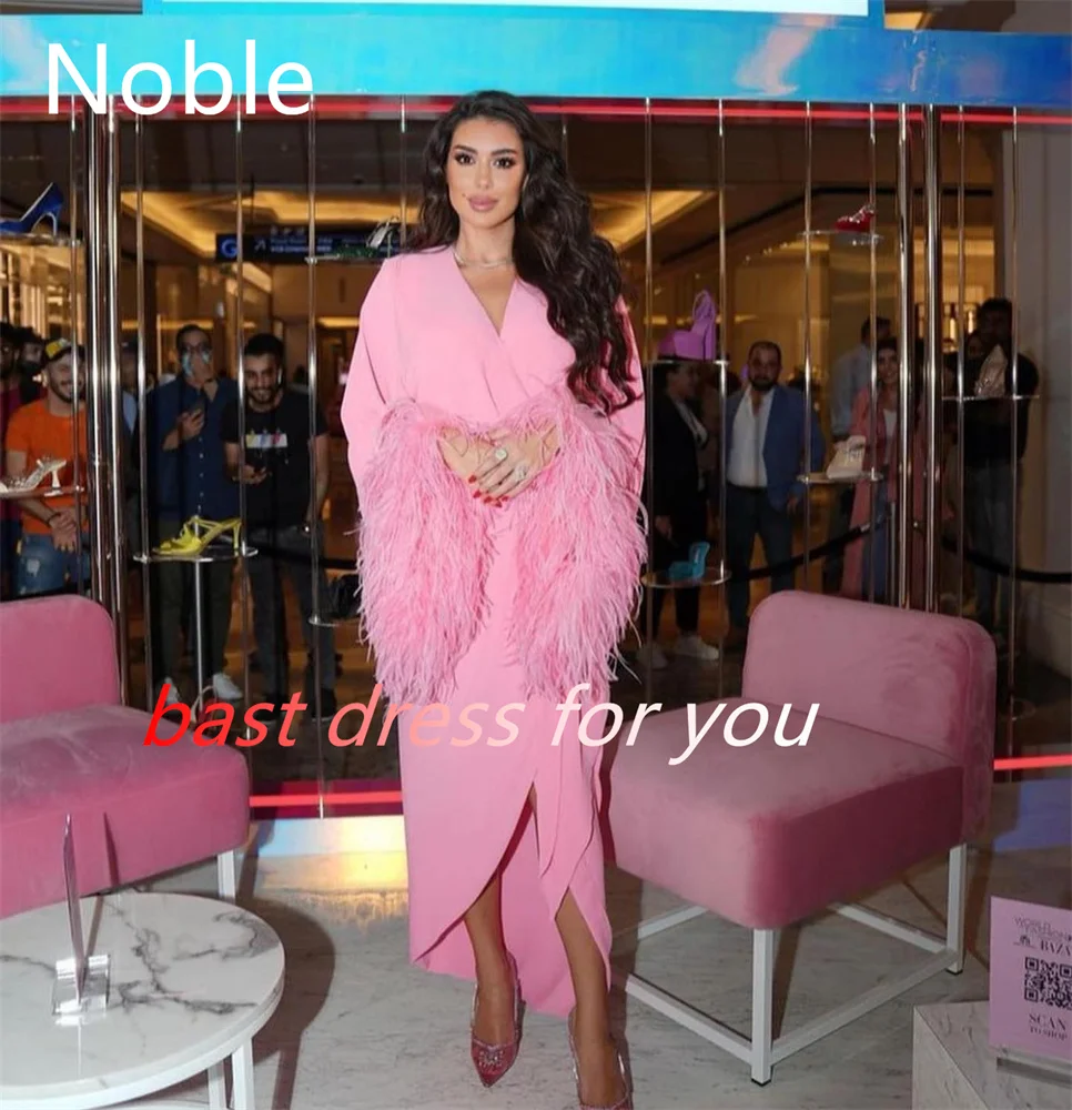 Noble  Pink V Neckline Prom Dress Ankle Length Long Sleeves With Features Evening Summer Elegant Party Dress For Women2023