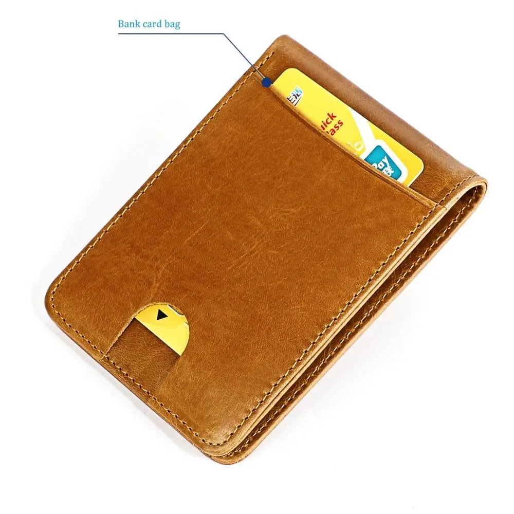 Minimalist Men's Leather Slim Wallet ID Window Cowhide Leather Money Clip for Men 6 Card Slots Low Profile