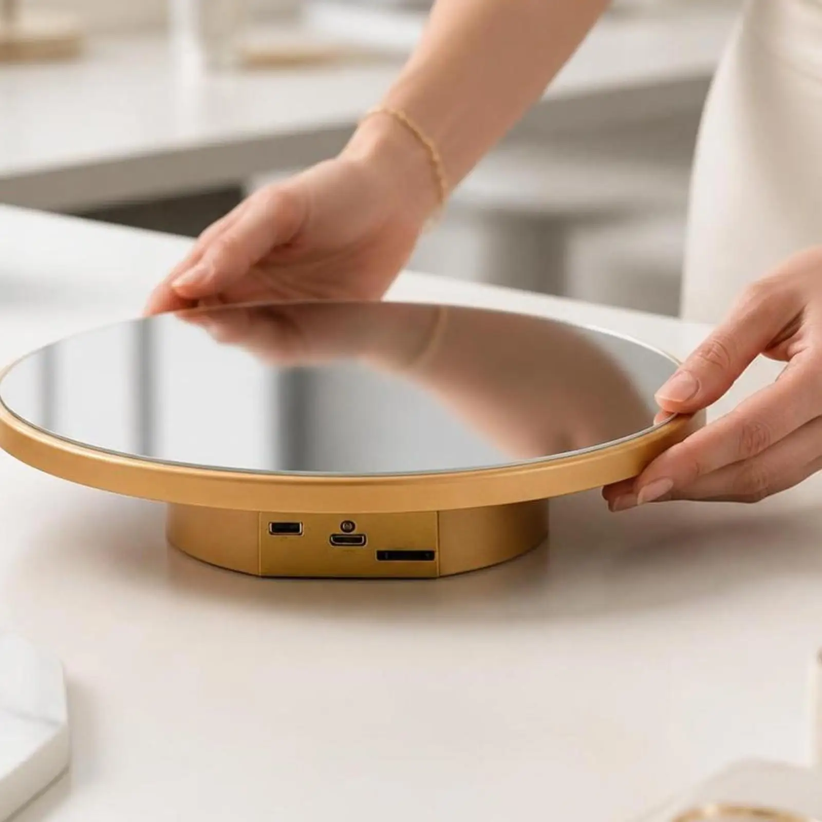Electric Rotating Display Stand 25cm Turntable Adjustable Speed Mirror Surface for Product Photography and Retail Display