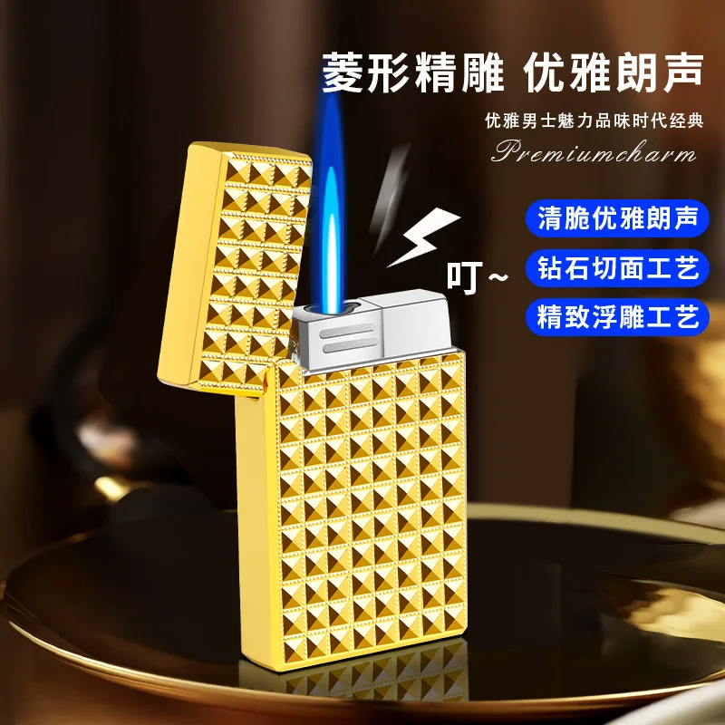 2026 Blue Flame Straight-through Lighter Diamond Faceted Metal Windproof Lighter