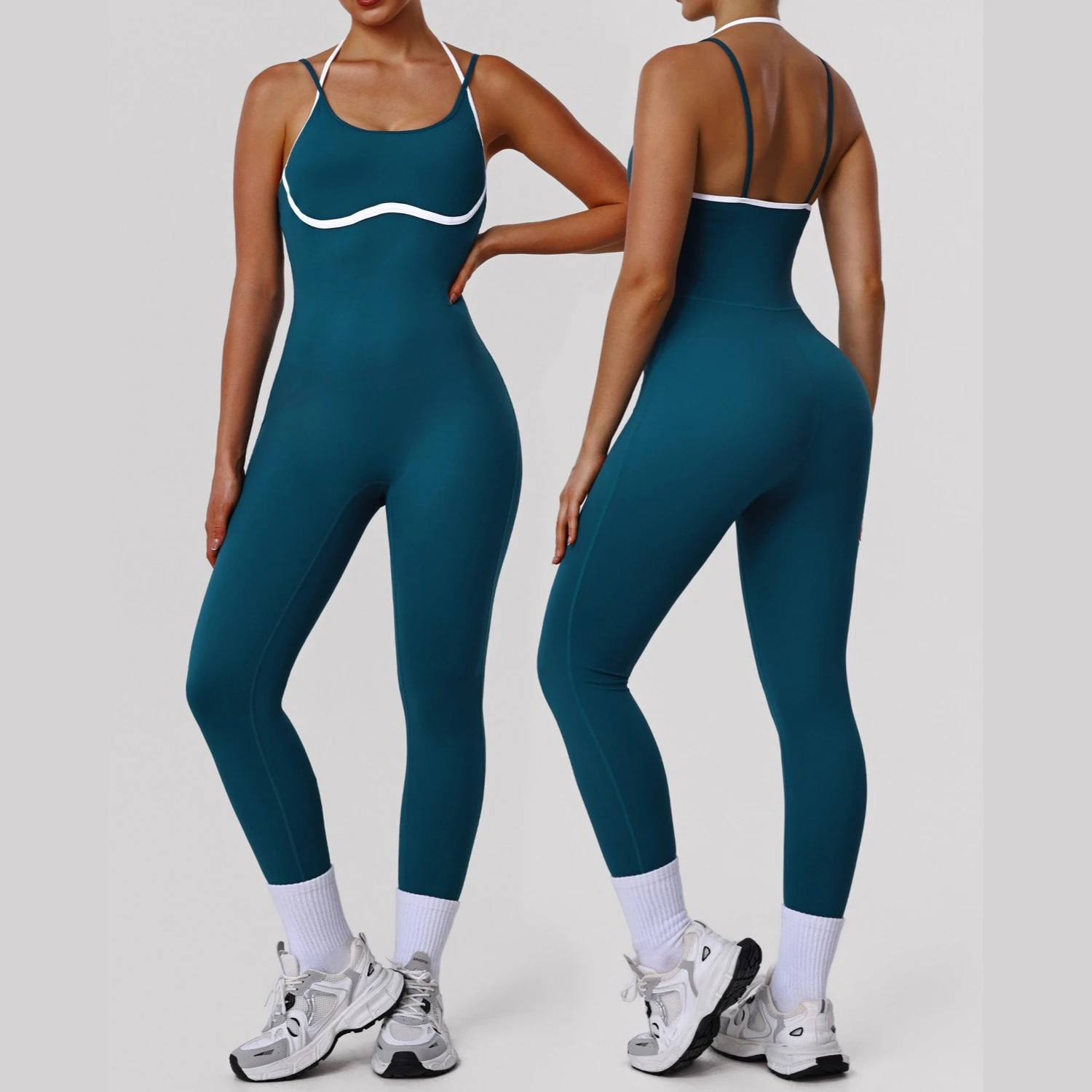 Greenora Aesthetic Gym Jumpsuit Contrast Trim Yoga Bodysuit Seamless Workout Romper Sports Overalls Tracksuit Activewear Romper