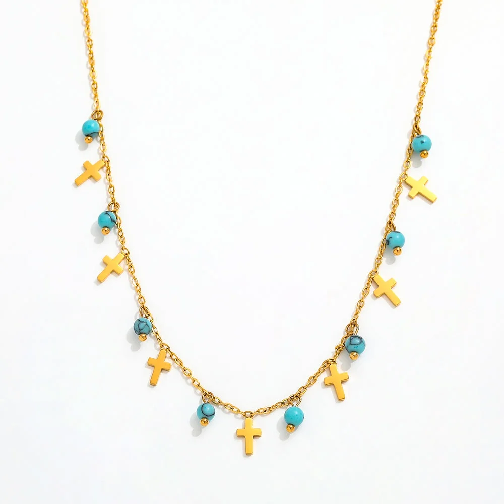 

Joolim Jewelry Wholesale Waterproof Fashion Imitation Blue Turquoise Cross Pave Pendant Stainless Steel Necklace for Women