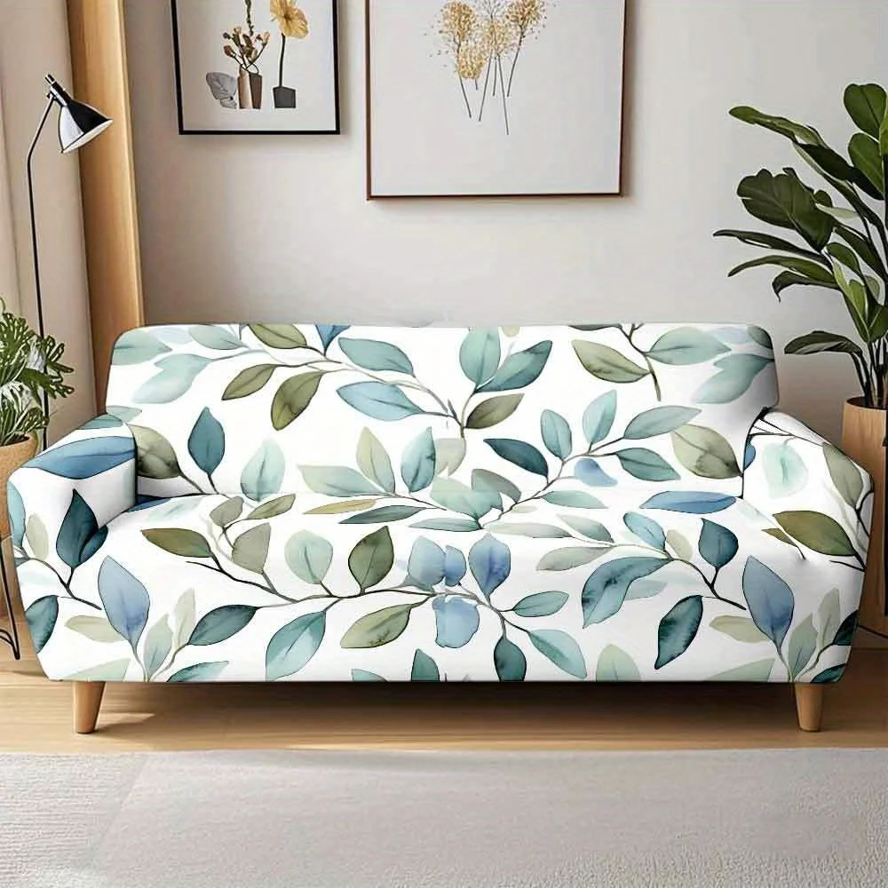 1 Stück Aquarell Blau-Grüner Blatt- und Zweig-Druck Stretch-Sofabezug, Abnehmbarer Waschbarer Couchüberwurf für Boho Moderne Wohnraumdekoration