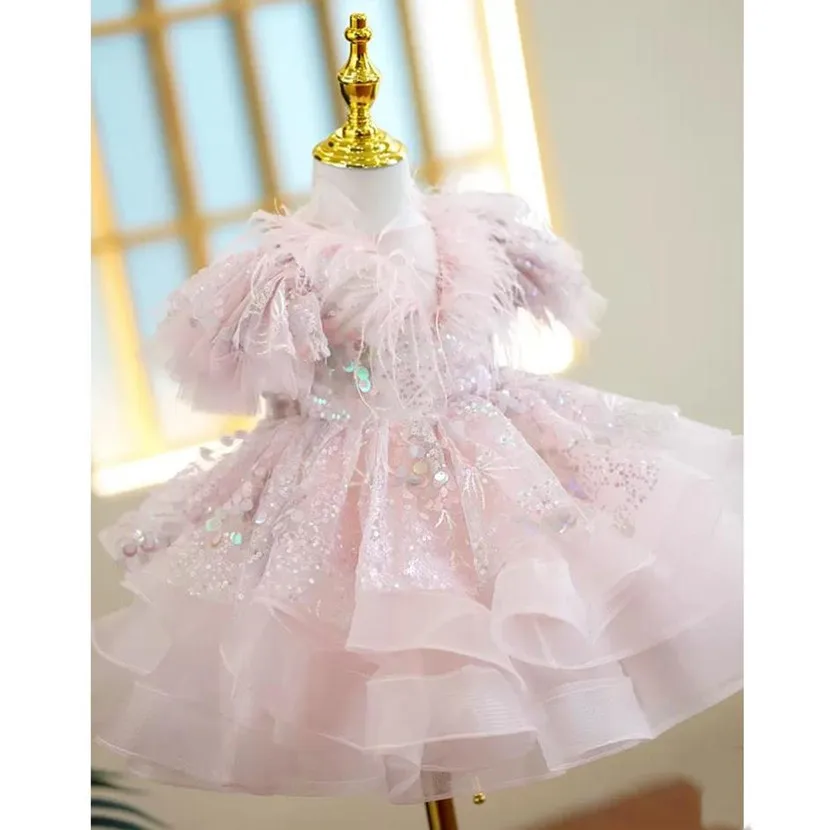 Baby Clothing Feather Sequin Design Baptism Birthday Party Gown Girls Christening Princess Dresses For Easter Eid Vestidos A2135