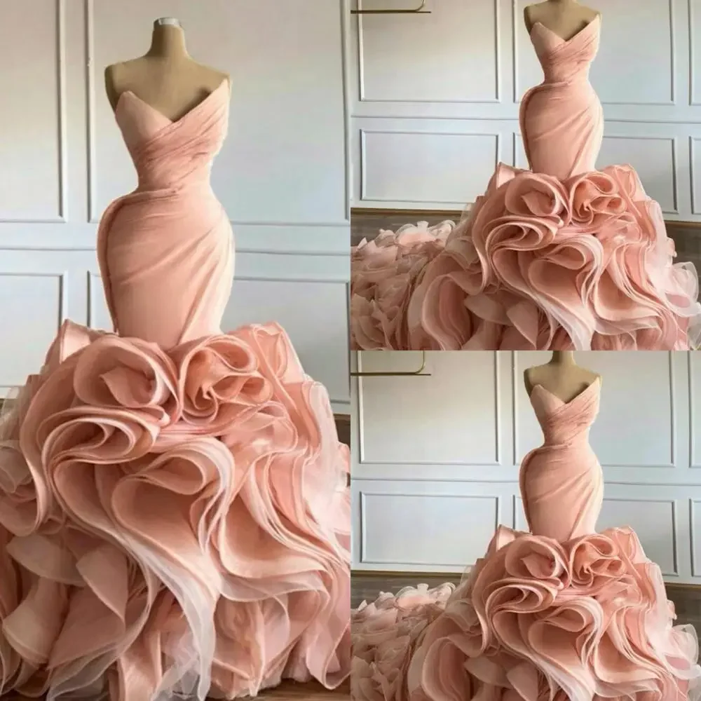 2021 Ruffles Trumpet Evening Dresses Sweetheart Tiered Skirts Long Prom Gowns Elegant Red Carpet Celebrity Dress