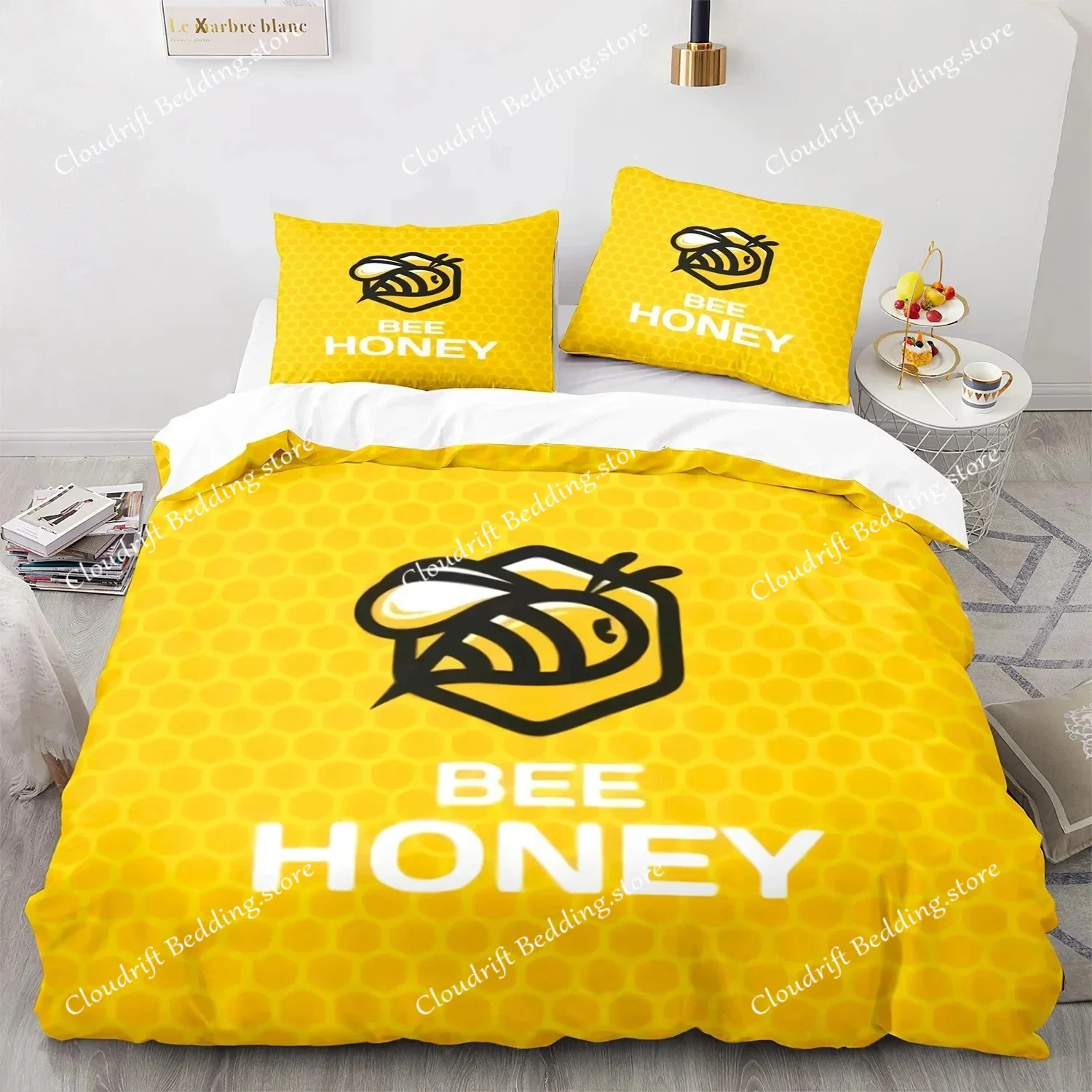 

3D bee print duvet cover set for Boys teens polyester bedding set king queen size yellow white black Duvet Cover Bed