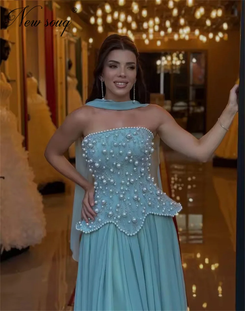 فساتين سهرة عربية باللون الأزرق السماوي أنيقة بدون حمالات لؤلؤ للحفلات الراقصة من Vestidos De Noche مخصصة طويلة للنساء لحفلات الزفاف