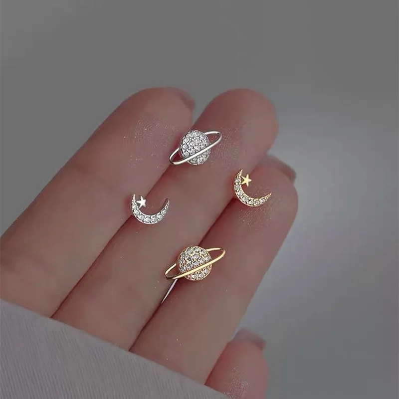 

Simple Piercing Stud Earrings for Women Star Moon Zircon Silver Color Needles Tragus Cartilage Asymmetry Pendiente Fine Jewelry