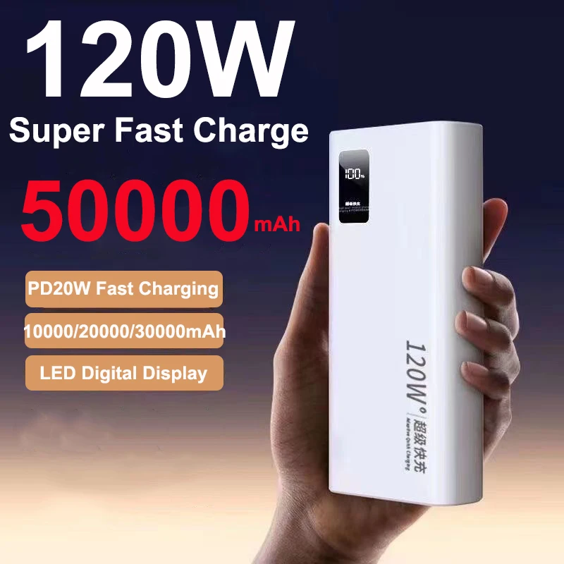 

Power Bank 50000mAh PD Two-Way 120W Fast Charging Powerbank Portable External Battery Charger for iPhone Xiaomi Huawei Samsung