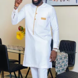 2023 White Men Suit Set wedding Luxury Solid Color Tops Pants With Pockets Kaftan Outfits 2piece Sets African Ethnic Casual Wear