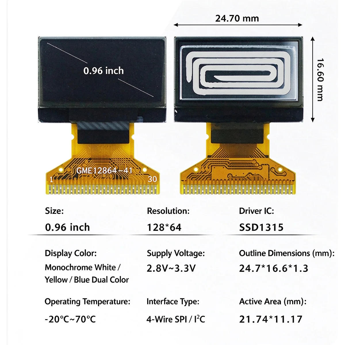 0.96 Inch OLED Display Module 128x64 SSD1315 4-Wire SPI I2C 30P Soldering White, Blue, Yellow-Blue Dual Color Screen M134