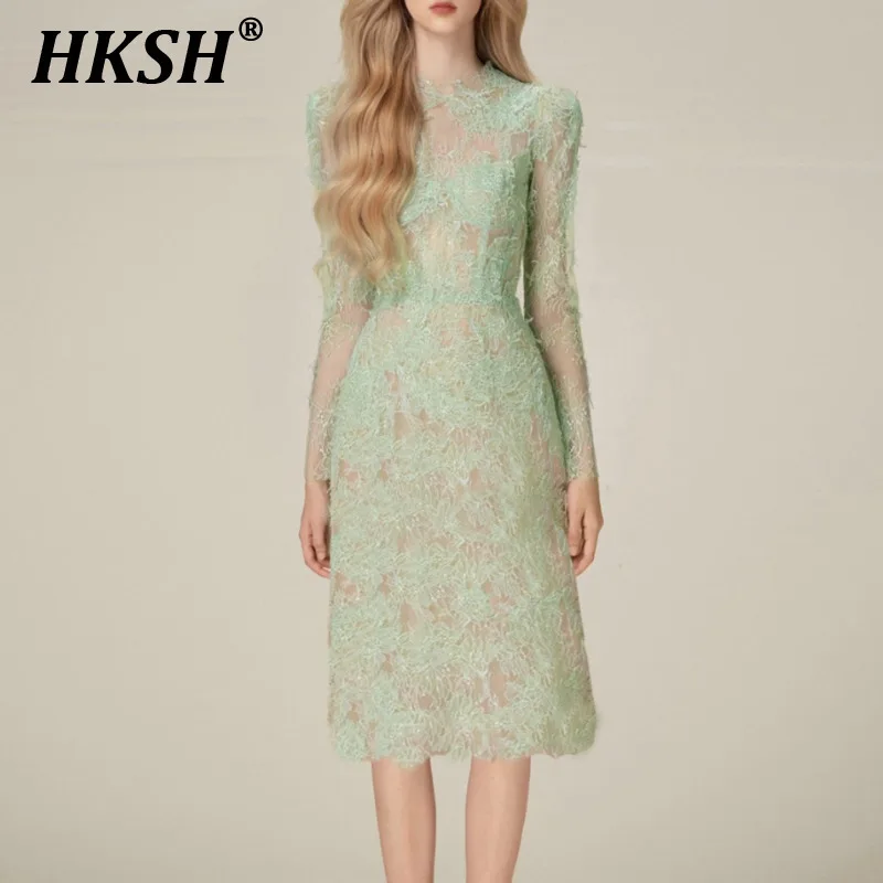 

HKSH Autumn New Women High Street Trendy Chic Elegant Temperament Lace Sheer O-neck Long Sleeve Waist Cinching Gown Dress HK6315