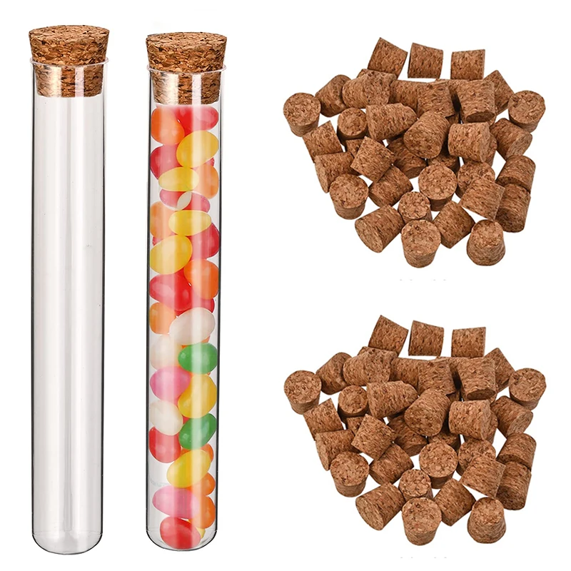 100Pcs Lab Clear Plastic Test Tube Round Bottom Tube Vial With Cork Refillable Bottles