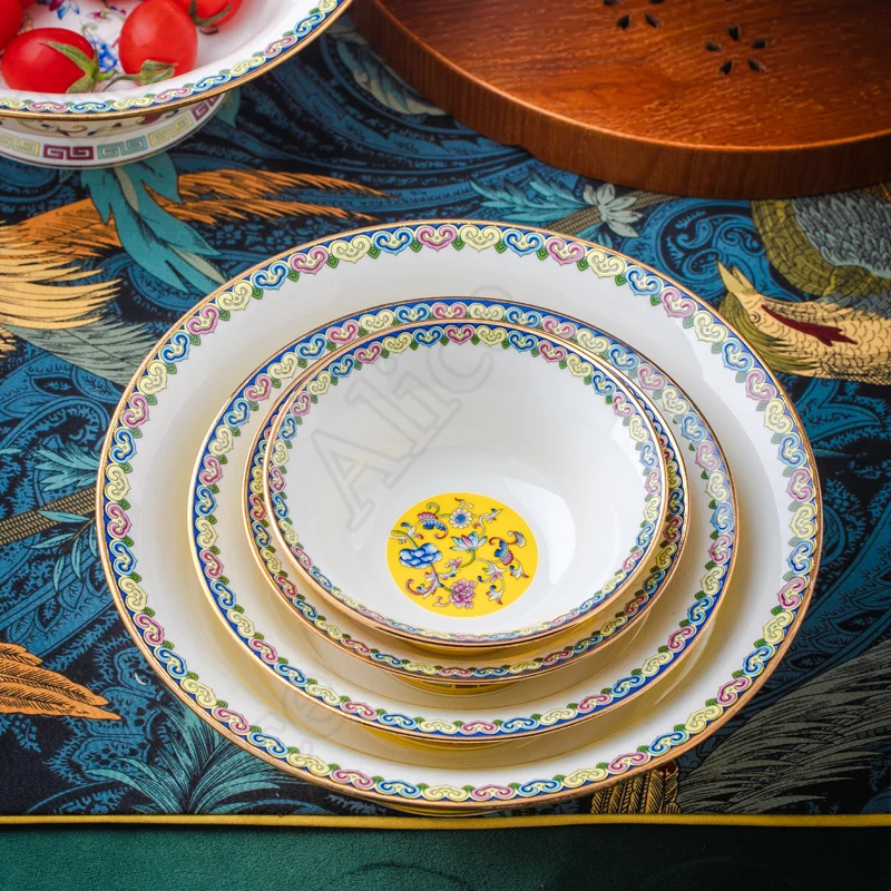 Chinese Enamel Ceramic Bowl Golden Stroke Large High Feet Anti-scald Soup Bowls Salad Bowl Hotel Home Tableware Flower Pattern