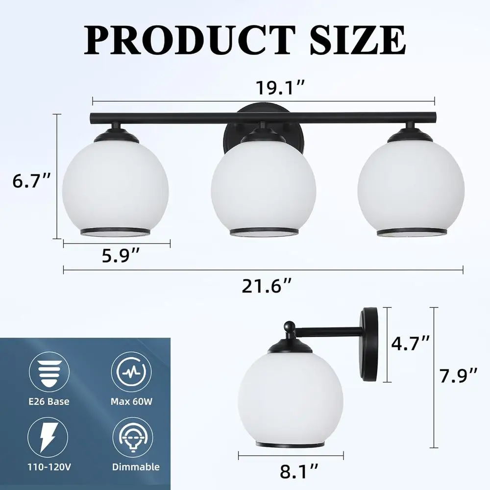 ضوء فانيتي أسود غير لامع حديث بثلاثة مصابيح مع ظلال زجاجية بلوري لتركيب جدار الحمام #4