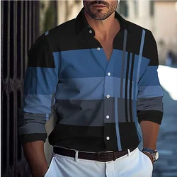 Camisa casual listrada masculina, estampada em 3D, primavera, verão, lapela, manga longa, blusa de vestuário confortável e elegante