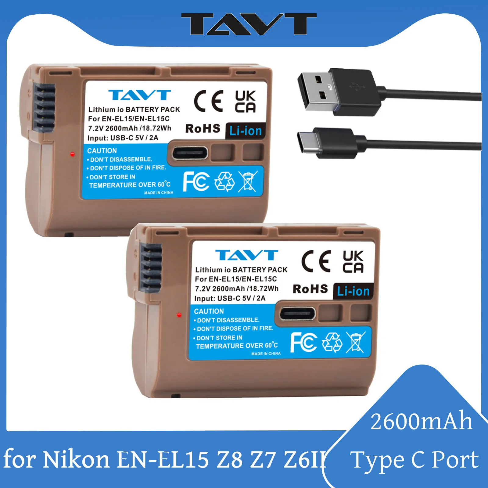 

2600mAh EN-EL15 EN-EL15C Battery with Type-C Charging Port for Nikon Z8 Z7 Z7II Z6II Z5 D7500 D7200 D7100 D7000 D850 D810 Z5 Z6