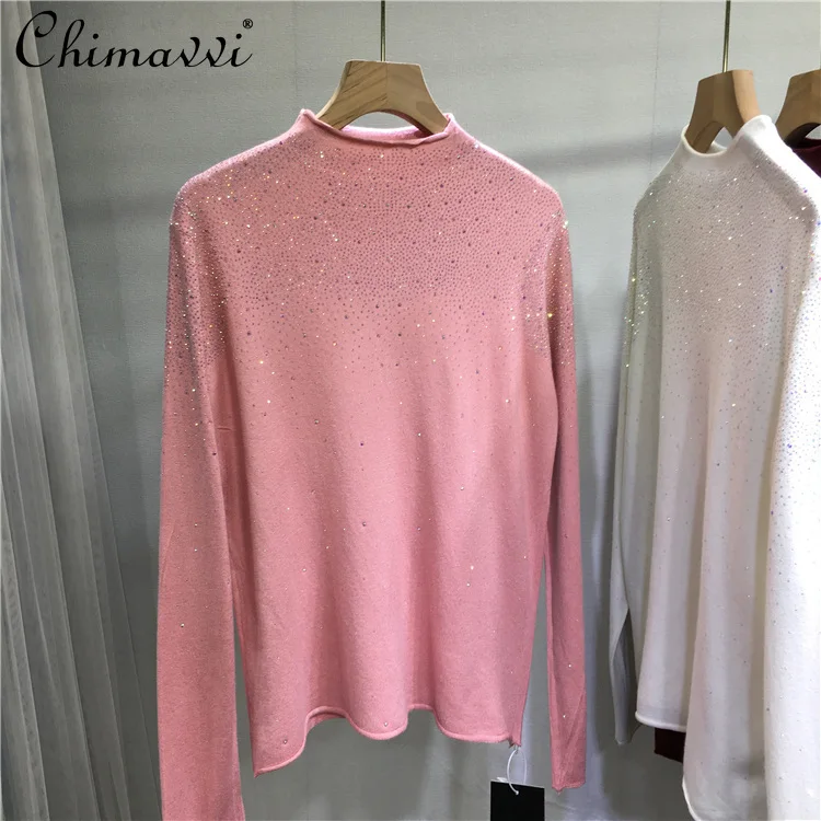 

Европейский тяжелый свитер со стразами для женщин, модная приталенная базовая рубашка, теплая осенняя одежда с длинными рукавами, женский вязаный топ