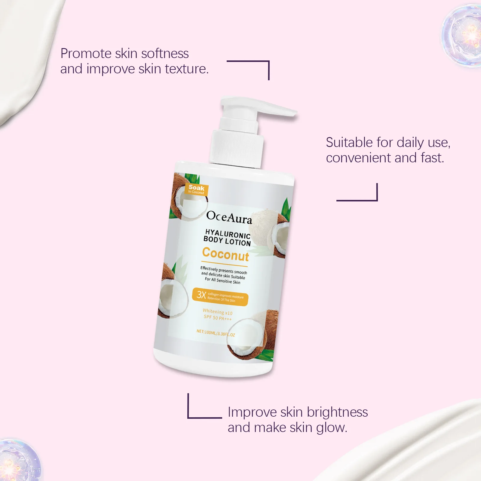 لوشن ترطيب الجسم بجوز الهند من OCEAURA، ترطيب عميق للبشرة، يعزز المرونة، ويحسن بلادة، لوشن تدليك الجسم الواقي من الشمس