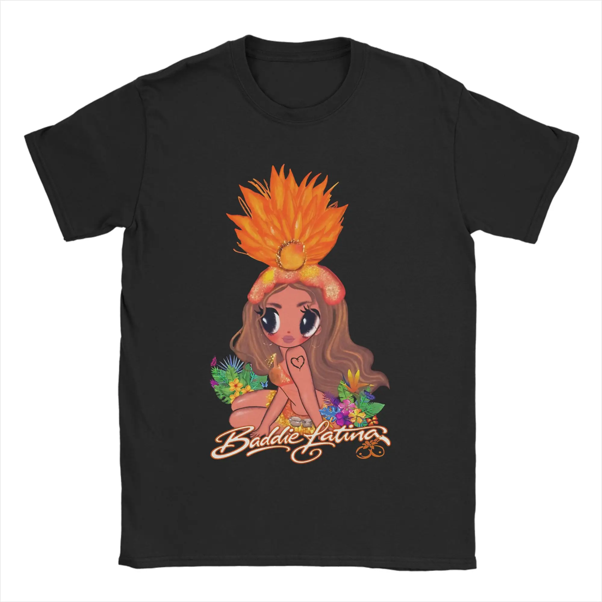 Karol G Chibi Girl Orange Samba Feather Headdress Tropical Flowers T-Shirts for Men 100% Cotton Short Sleeve T Shirts Clothes