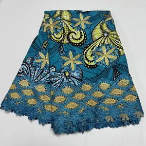 African Wax With Cord Lace, Cotton Wax Prints Luxury Ankara Fabric Guipure Embroidery Women Dress Loincloth 6 Yards