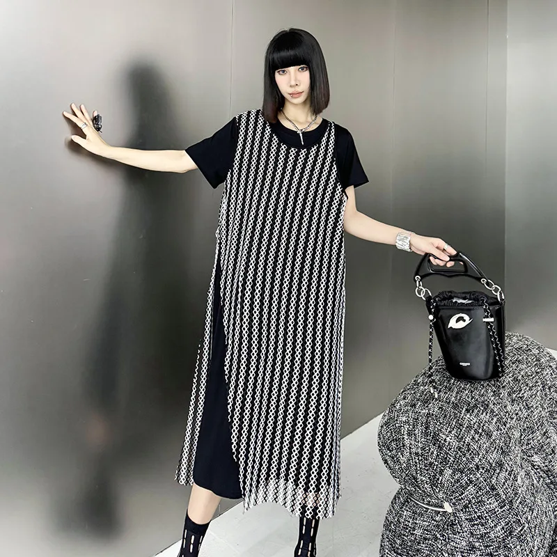 Tannt Frauen Kleid Asymmetrie Patchwork Gefälschte Zwei-stück Beiläufige Lange Kleider Unregelmäßige Farbe Passenden Lose Sommer Frauen Kleider