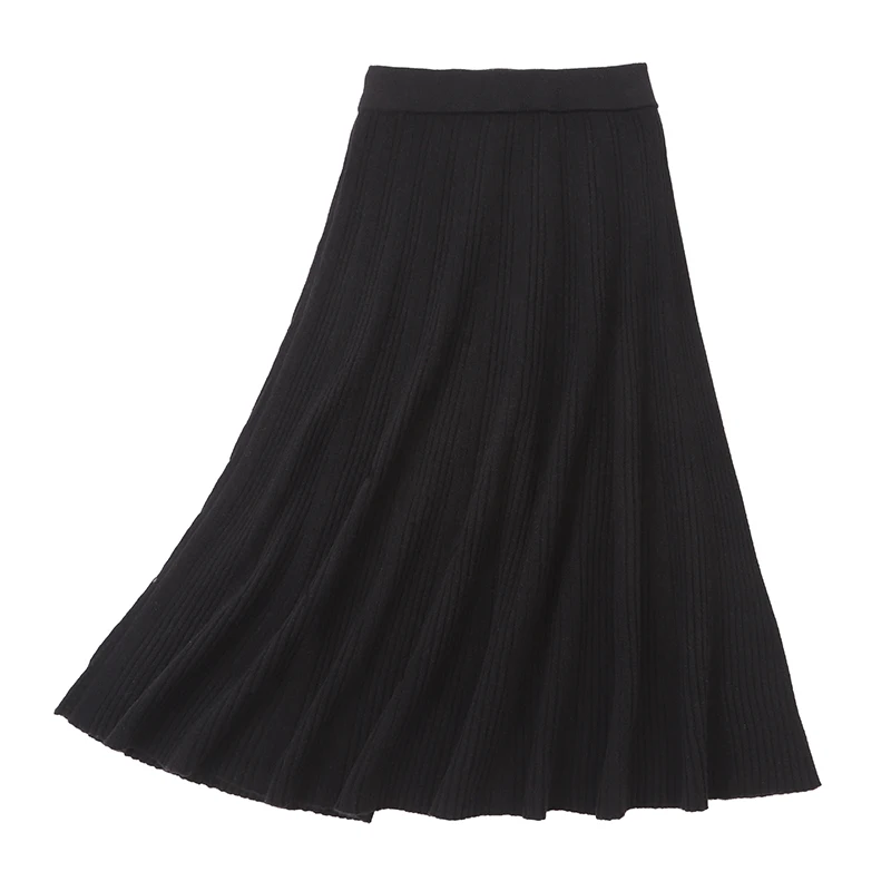 Autumn Winter Women's 100% Merino Wool Short Skirts Mid-calf Classic High Waisted Full Skirt Soild Knitted Soft Fashion Dress
