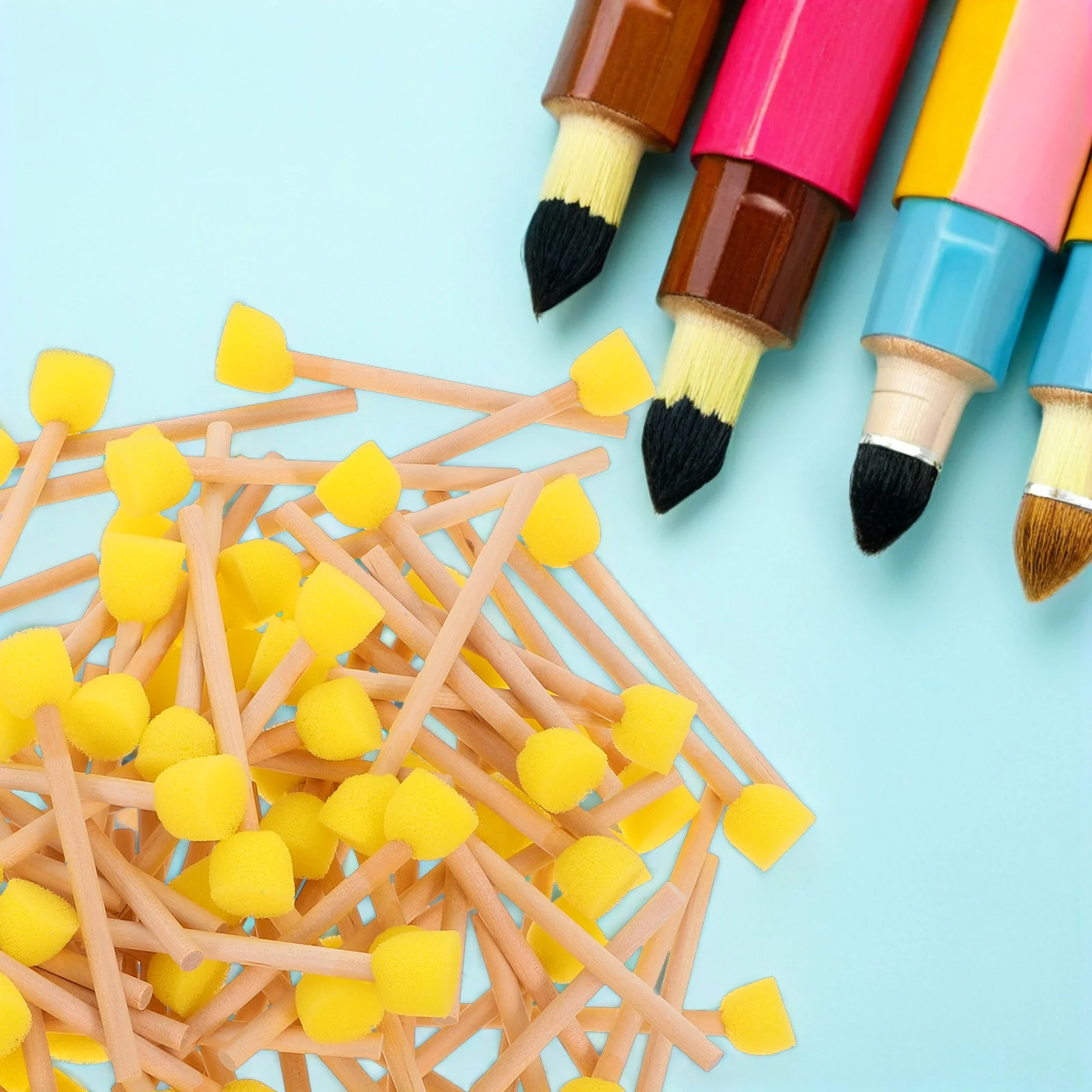 

100pcs Sponge Paint Brushes For Kids Round Wood Handle Painting Tools Reusable Craft Sponge Brushes Easy Grip Mushroom Shape