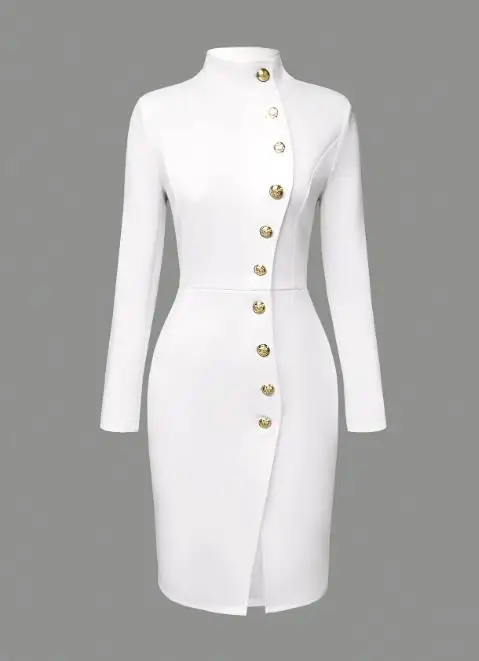 

Autumn 2025 Fashion Stand Up Collar Slim Fit Metal Button Slit Dress for Women Solid Color British Style Elegant Commuting Dress