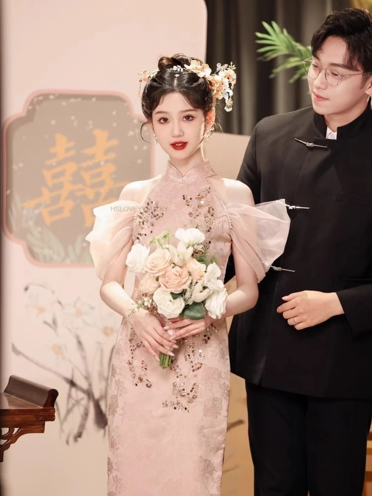 

Chinese Improved Fashion Style Sleeveless Sequin Decoration Cheongsam Dress Women Party Elegant Long Wedding Qipao Dress