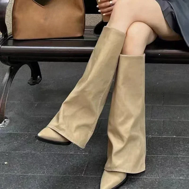 

Retro Women Knee High Boot Fashion West Slouch Boot Exquisite Pointed Tip High Heeled Boots for Woman Designer Shoes Botas Mujer