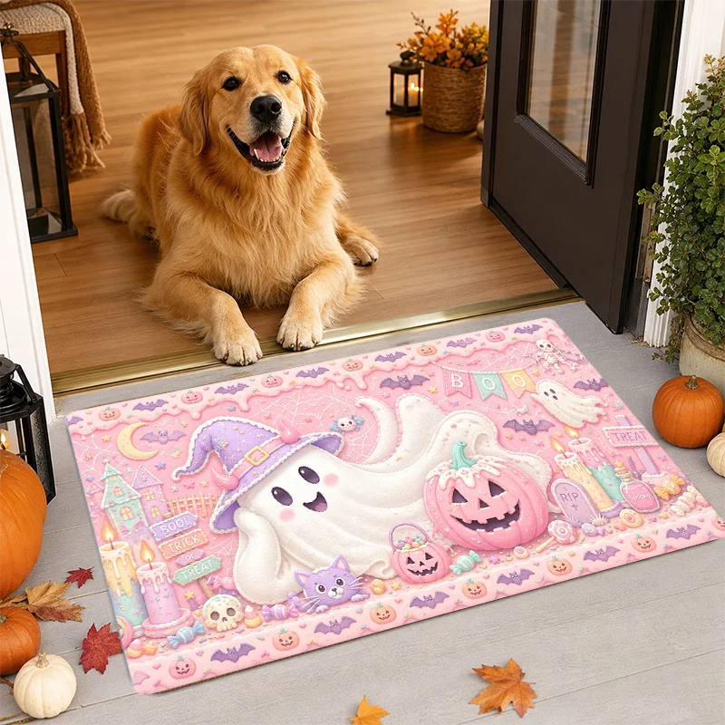 Pink Cute Halloween Ghost Witch Hat Doormat Candy Pumpkin Bat Cat Print Indoor Entry Welcome Floor Mat Home Decor Rug