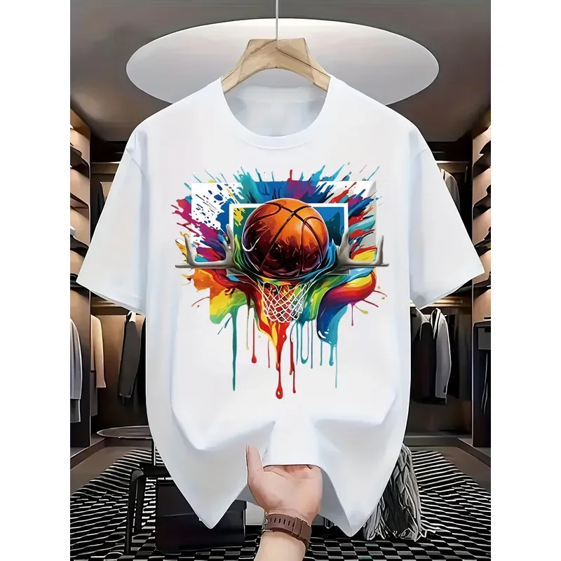 Men's New Summer 100% Cotton T Shirt with Basketball Print Short Sleeved Top Suitable for Basketball Enthusiasts and Daily