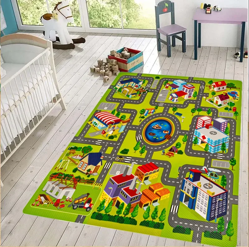 City Map Play Rug for Kids Room Town Road Track Carpet Toy Cars Interactive Playroom Floor Mat Nursery Toddler Home Decoration
