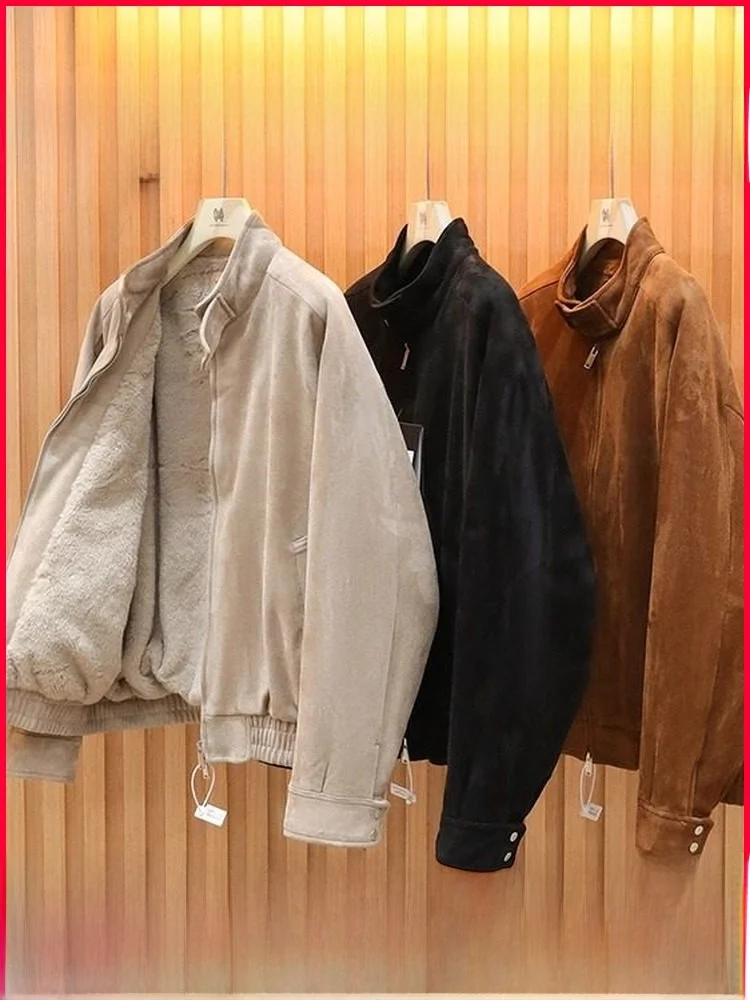 

Italian Sle Thiened Suede Jaet Men's Winter Coat Warm Casual Loose Fit Long Sve Zipper Closure No Hat Included