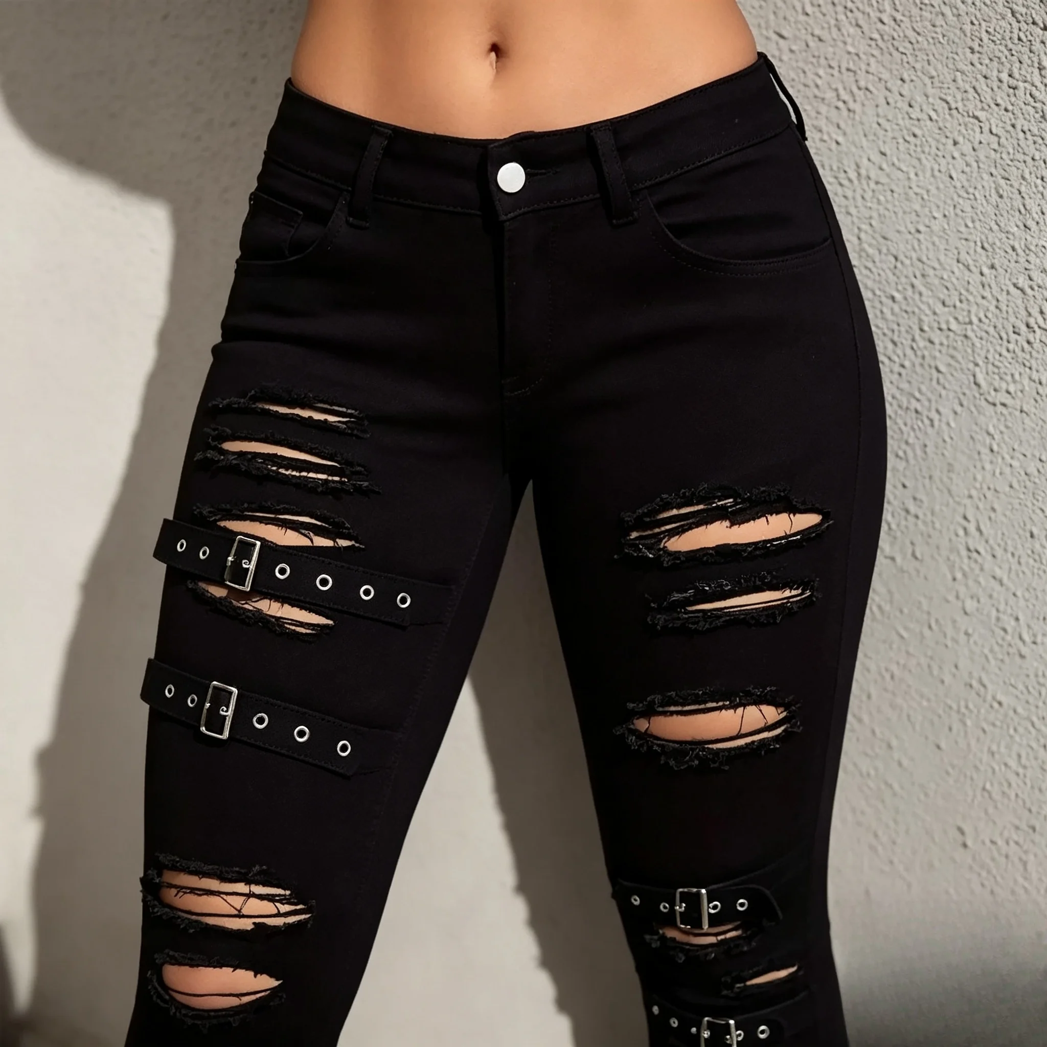 Ladies Black Metal Perforated, Tight Stretch Jeans, punk Street Slim Hip-Lifting Feet Pants.