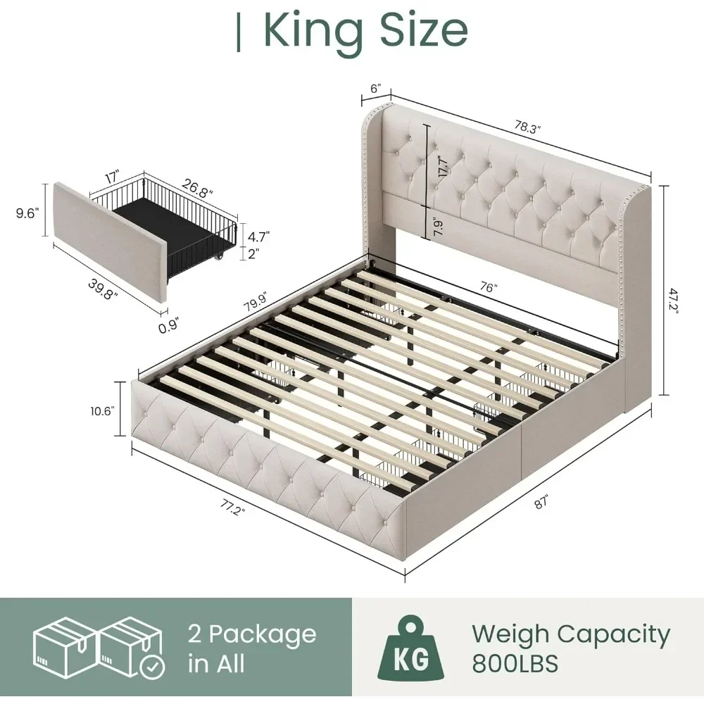 Bed Frame with 4 Storage Drawers and Tufted Headboard Linen Upholstered Platform Bed Frame Wingback Beds