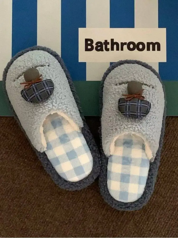 

Women's Slippers 2025 Autumn Winter Fuzzy Home Slippers Plaid Cute Mushroom Design Indoor Household Cotton Slippers Non Slip