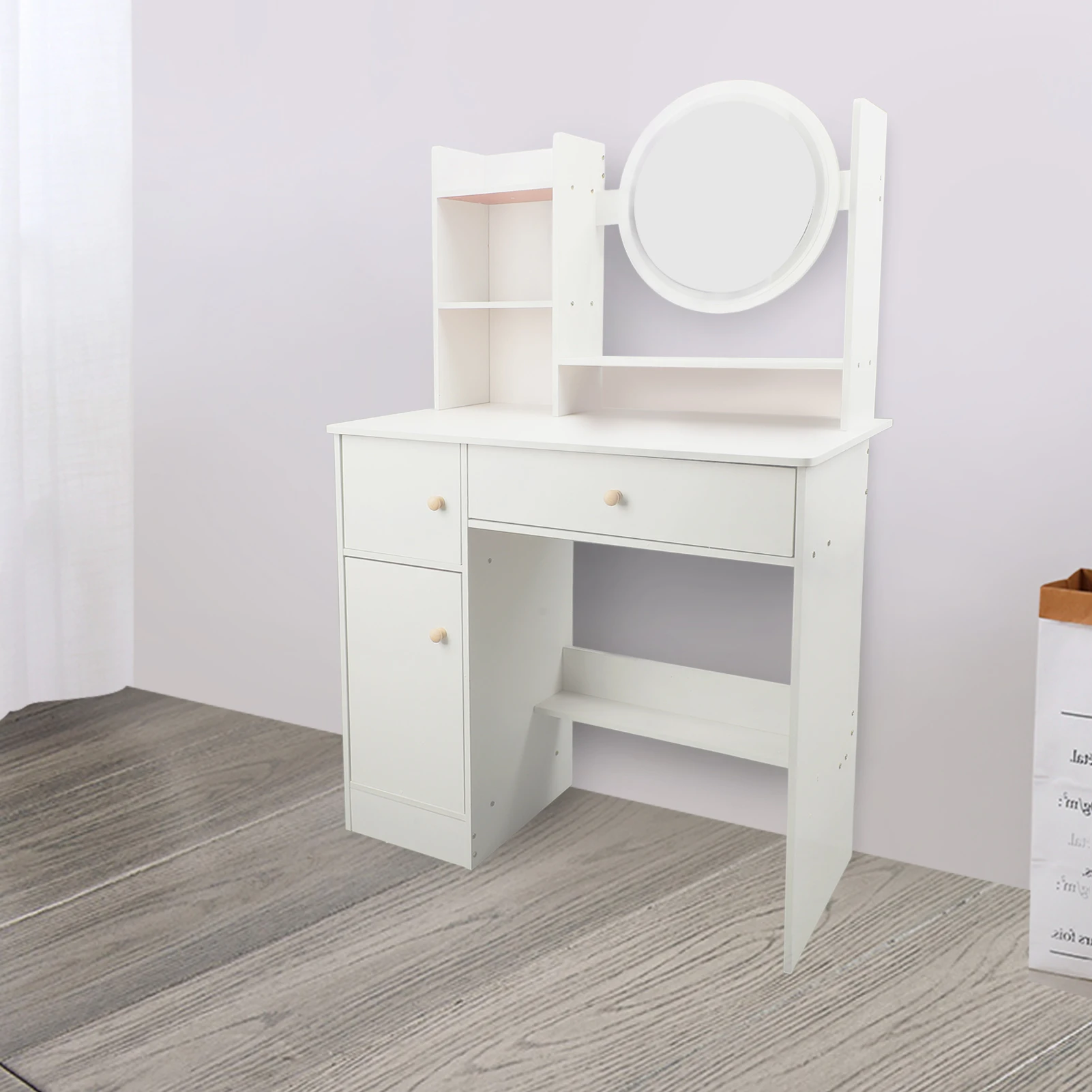 

Makeup Vanity Desk Multiple Shelves Multifunction Space Saving Stylish Dressing Table Strong White with Lighted Mirror for Home